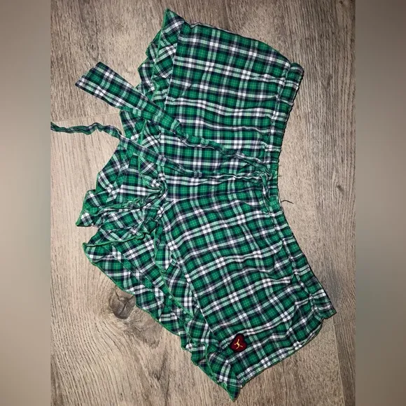 Vintage Early 2000’s VSPINK UNIVERSITY Green and white plaid shorts