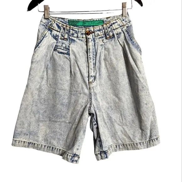 Vintage high waist acid washed denim mom jean shorts long pleated jorts 7/8