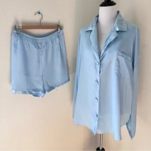 Vintage Victoria’s Secret Satin Button Up Baby Blue Pajama Set Shorts Size XL