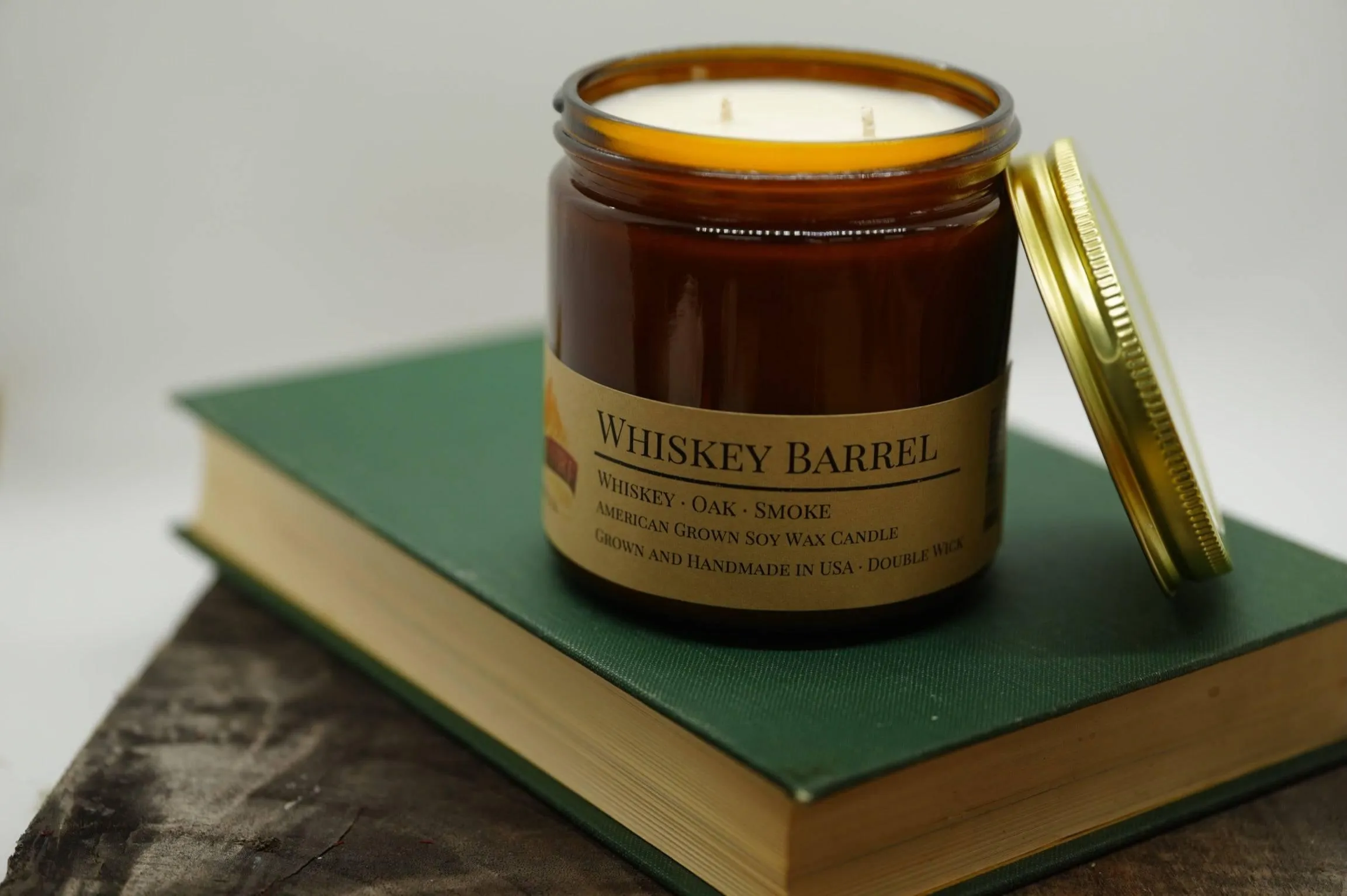 Whiskey Barrel Soy Wax Candle | 16 oz Double Wick Amber Apothecary Jar