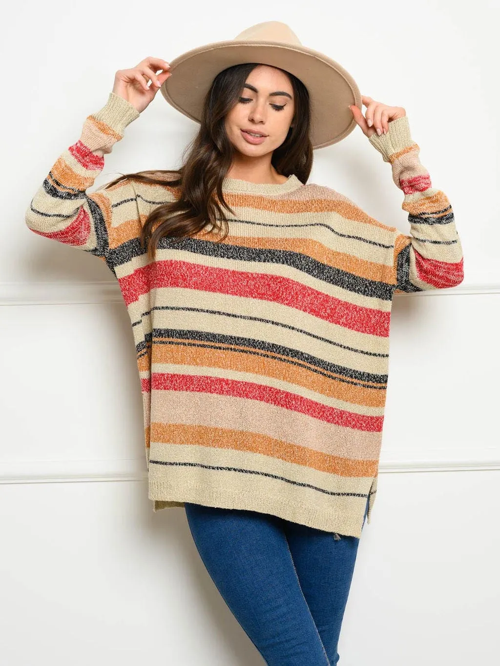 WOMEN'S LONG SLEEVE COLORED STRIPE SWEATER