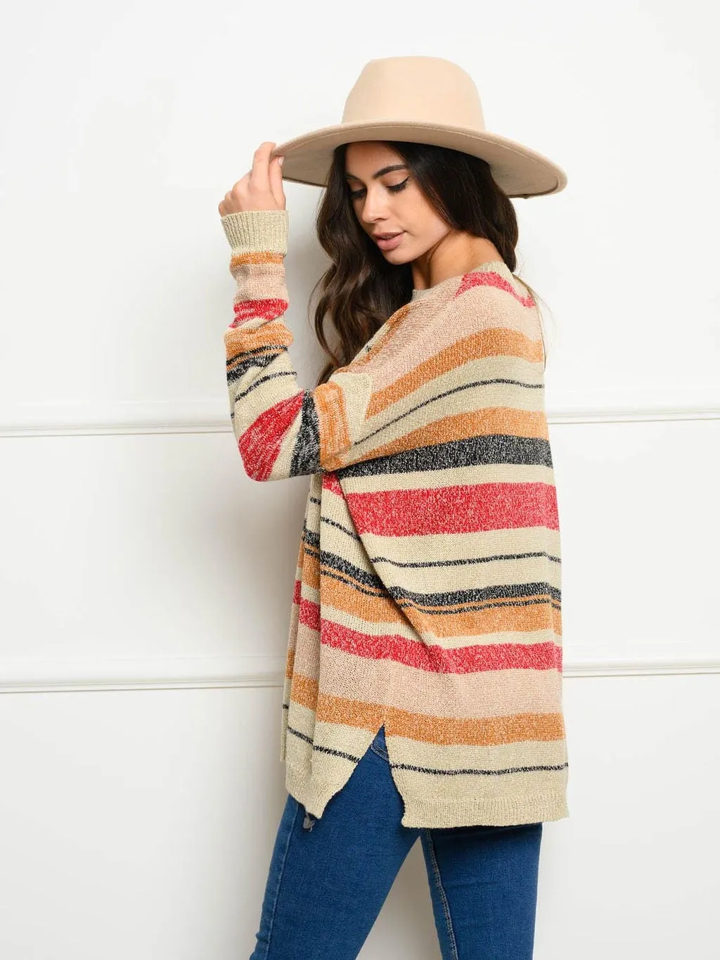 WOMEN'S LONG SLEEVE COLORED STRIPE SWEATER