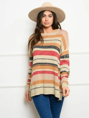 WOMEN'S LONG SLEEVE COLORED STRIPE SWEATER