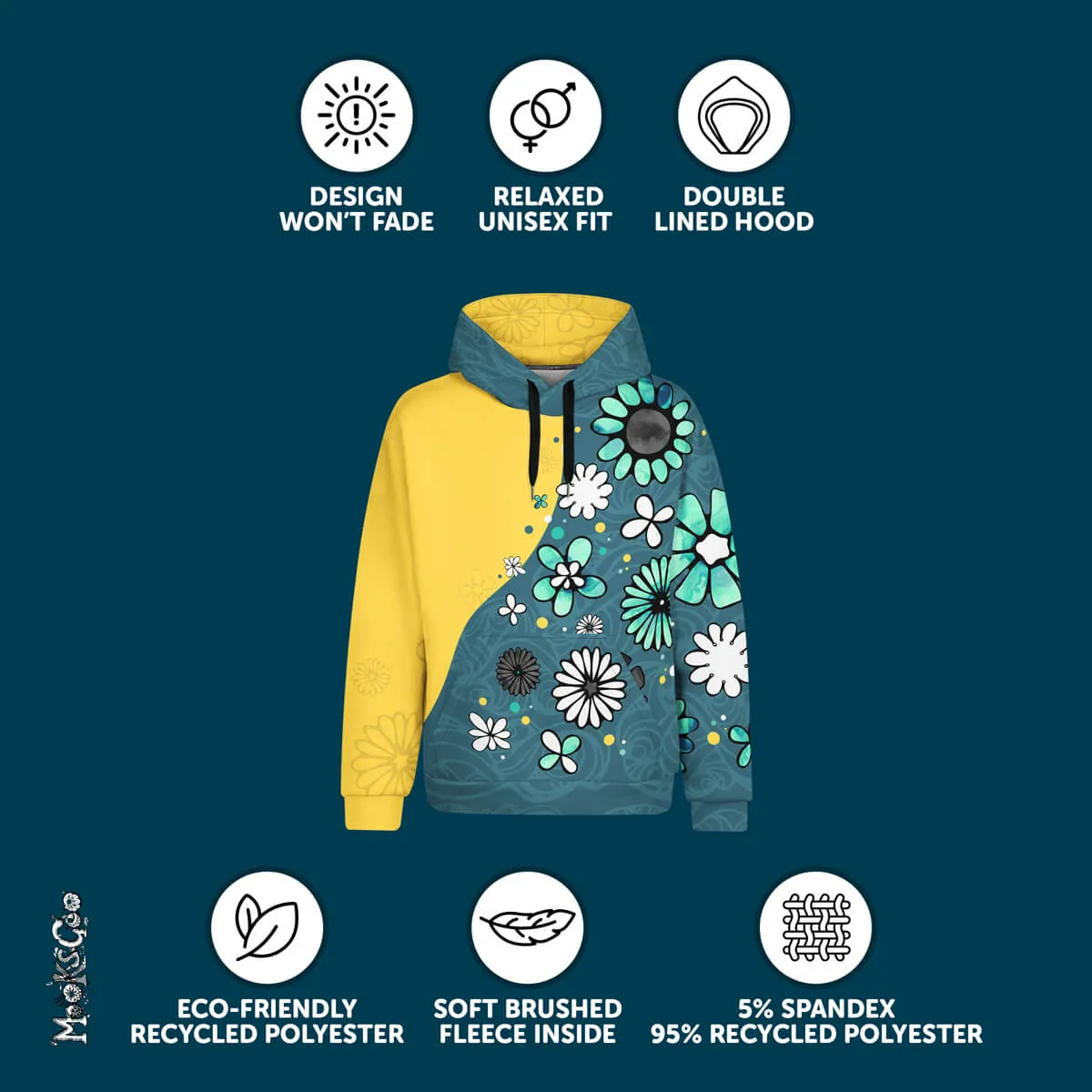 Yellow and Teal Colour Split Flower Power Recycled Hoodie