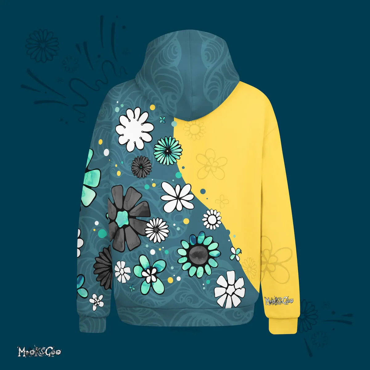 Yellow and Teal Colour Split Flower Power Recycled Hoodie